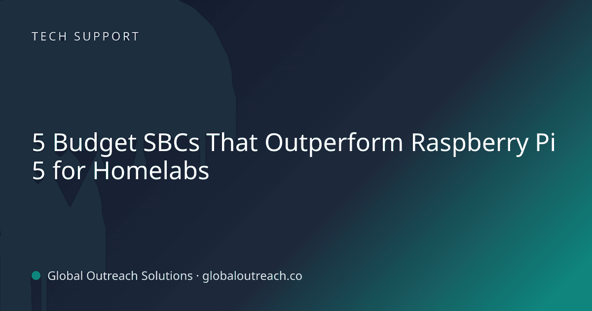 Illustrated cover image for the Tech Support article "5 Budget SBCs That Outperform Raspberry Pi 5 for Homelabs" on Global Outreach Solutions blog