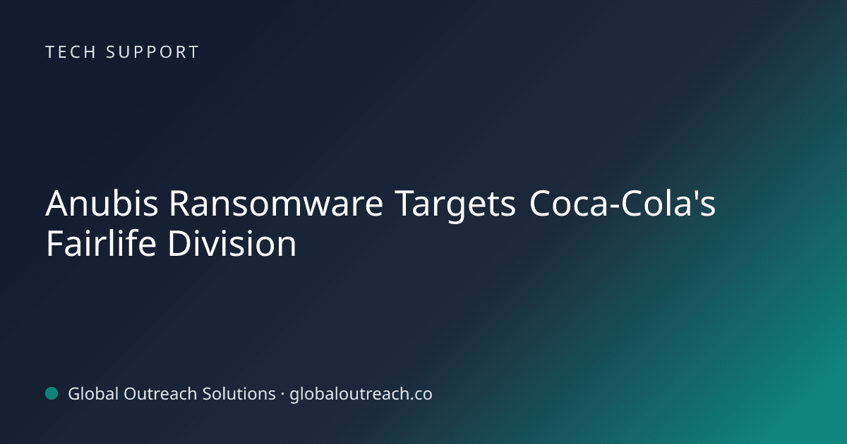 Illustrated cover image for the Tech Support article "Anubis Ransomware Targets Coca-Cola's Fairlife Division" on Global Outreach Solutions blog