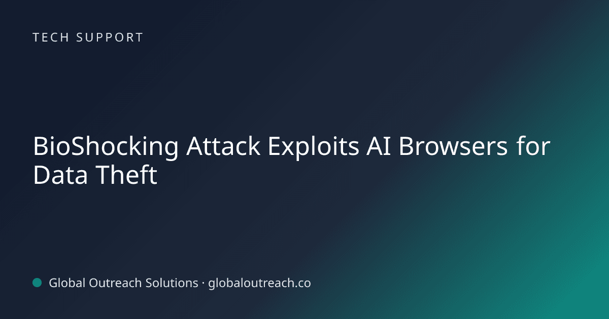 Blog article cover image: "BioShocking Attack Exploits AI Browsers for Data Theft" in Tech Support