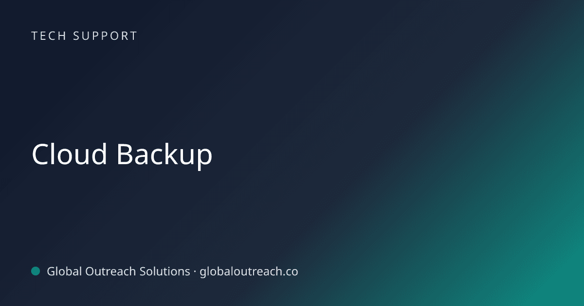 Illustrated cover image for the Tech Support article "Cloud Backup" on Global Outreach Solutions blog