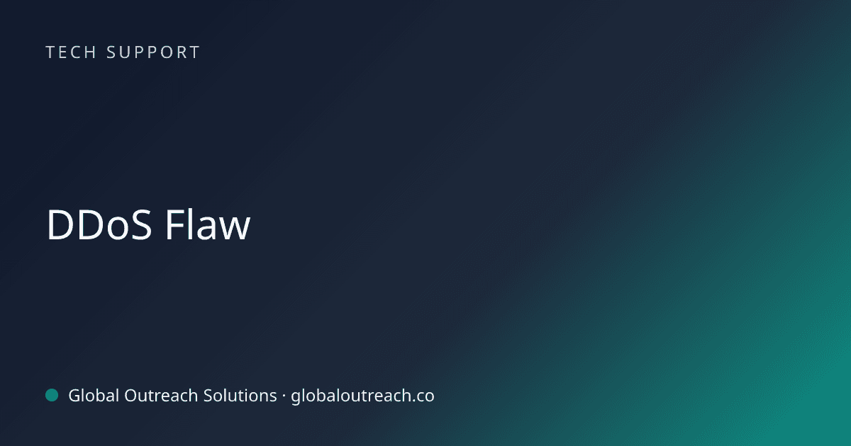 Illustrated cover image for the Tech Support article "DDoS Flaw" on Global Outreach Solutions blog