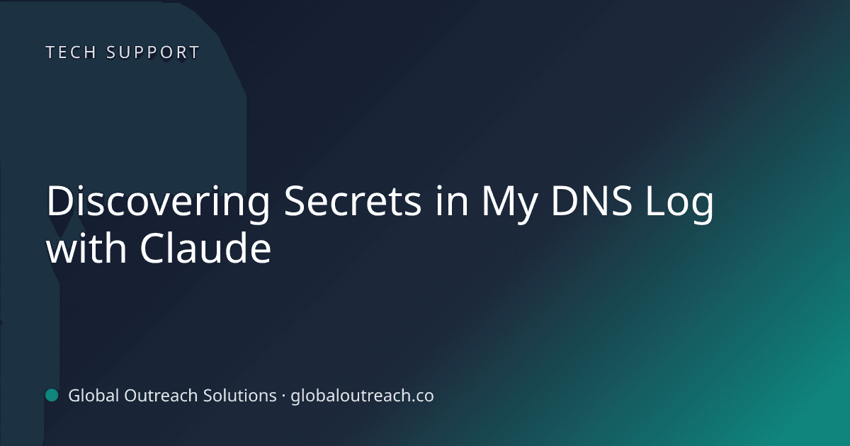 Blog article cover image: "Discovering Secrets in My DNS Log with Claude" in Tech Support