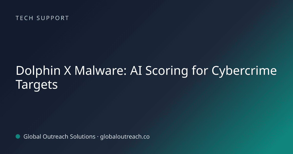 Illustrated cover image for the Tech Support article "Dolphin X Malware: AI Scoring for Cybercrime Targets" on Global Outreach Solutions blog