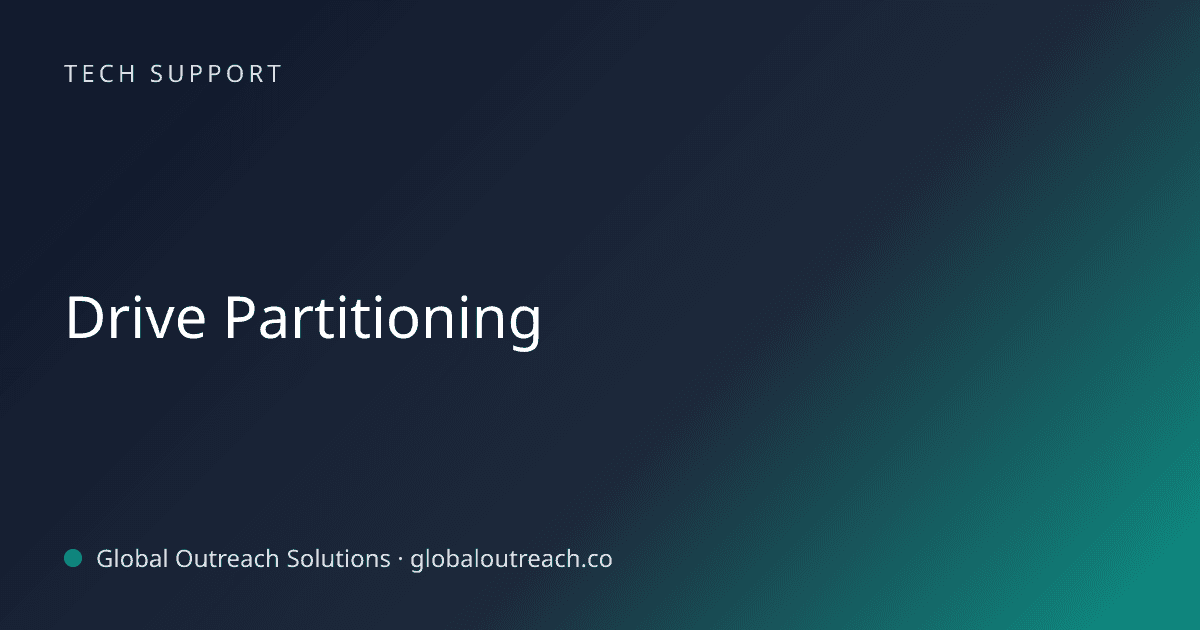 Illustrated cover image for the Tech Support article "Drive Partitioning" on Global Outreach Solutions blog