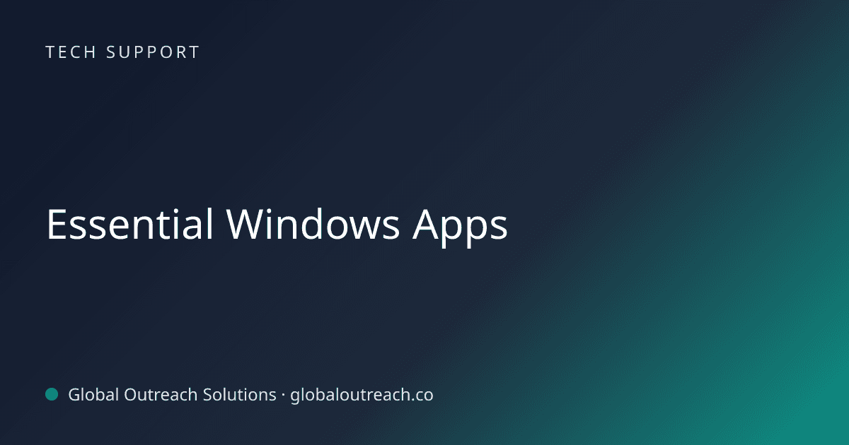 Blog article cover image: "Essential Windows Apps" in Tech Support