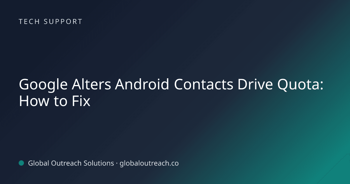 Illustrated cover image for the Tech Support article "Google Alters Android Contacts Drive Quota: How to Fix" on Global Outreach Solutions blog
