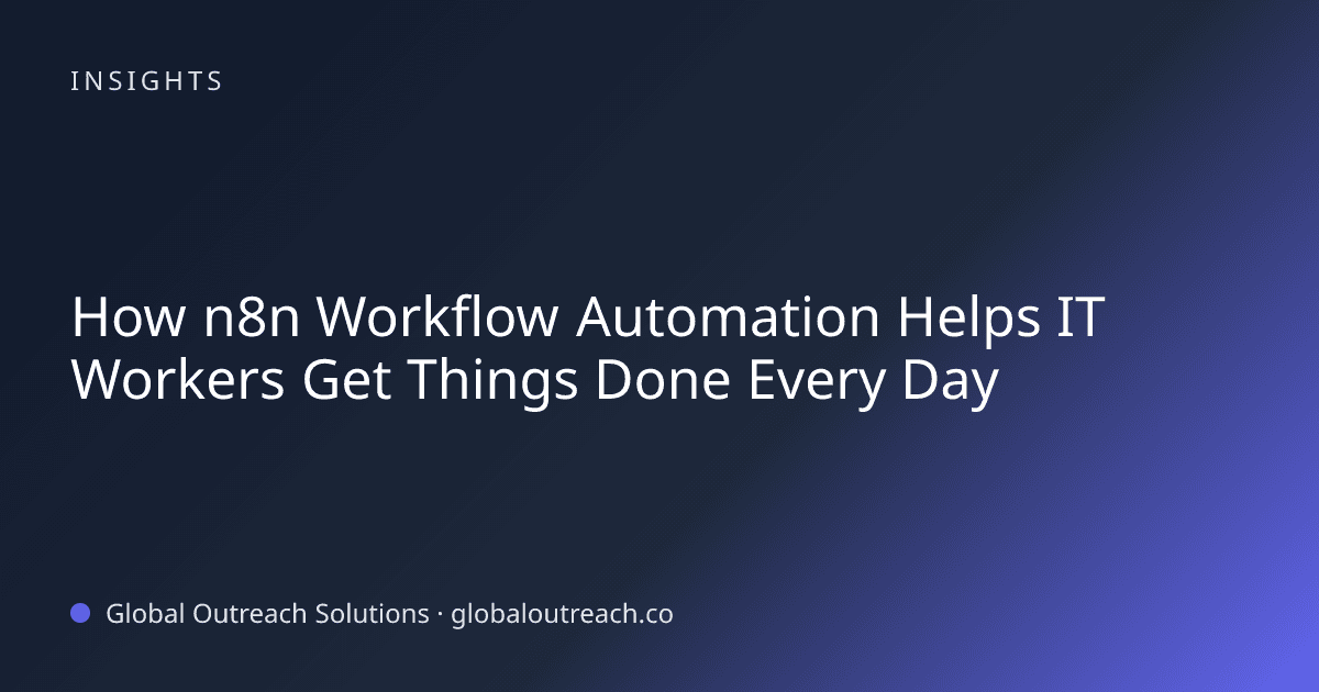 Illustrated cover image for the business technology article "How n8n Workflow Automation Helps IT Workers Get Things Done Every Day" on Global Outreach Solutions blog