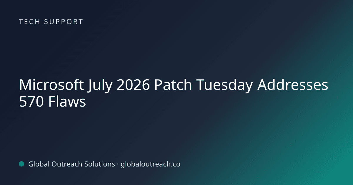 Blog article cover image: "Microsoft July 2026 Patch Tuesday Addresses 570 Flaws" in Tech Support