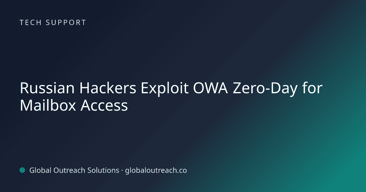 Illustrated cover image for the Tech Support article "Russian Hackers Exploit OWA Zero-Day for Mailbox Access" on Global Outreach Solutions blog