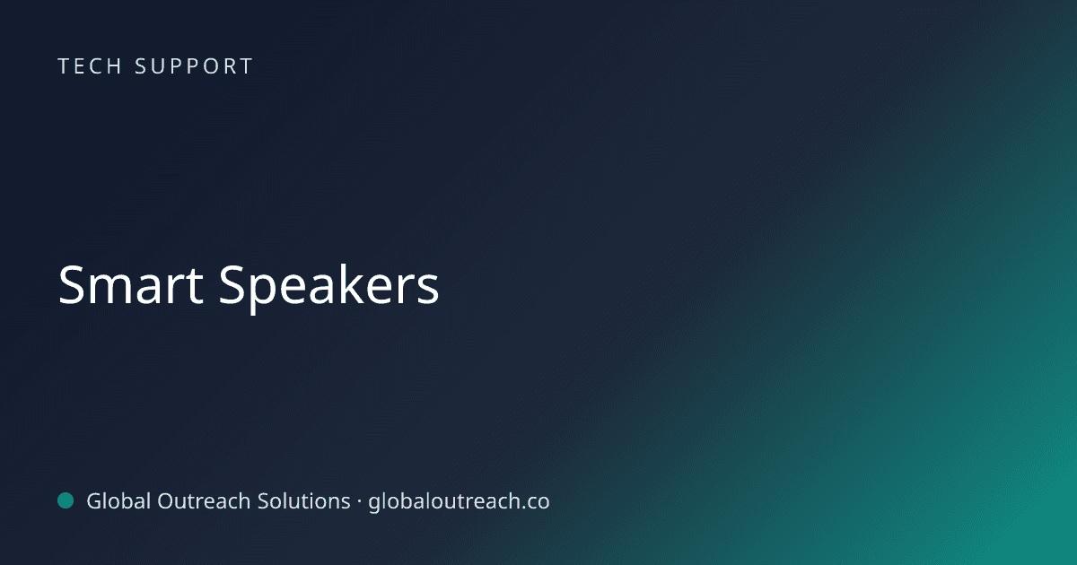 Illustrated cover image for the Tech Support article "Smart Speakers" on Global Outreach Solutions blog