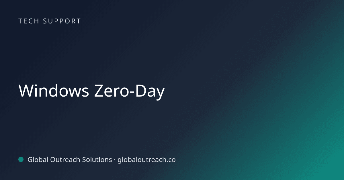 Illustrated cover image for the Tech Support article "Windows Zero-Day" on Global Outreach Solutions blog