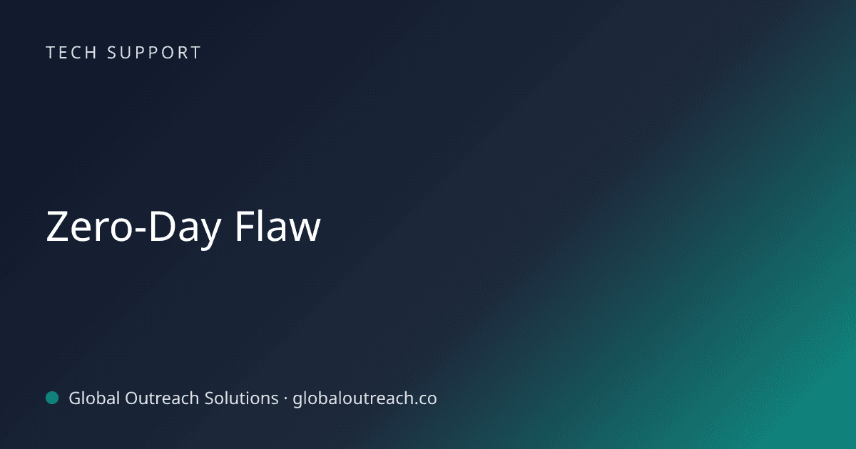 Illustrated cover image for the Tech Support article "Zero-Day Flaw" on Global Outreach Solutions blog